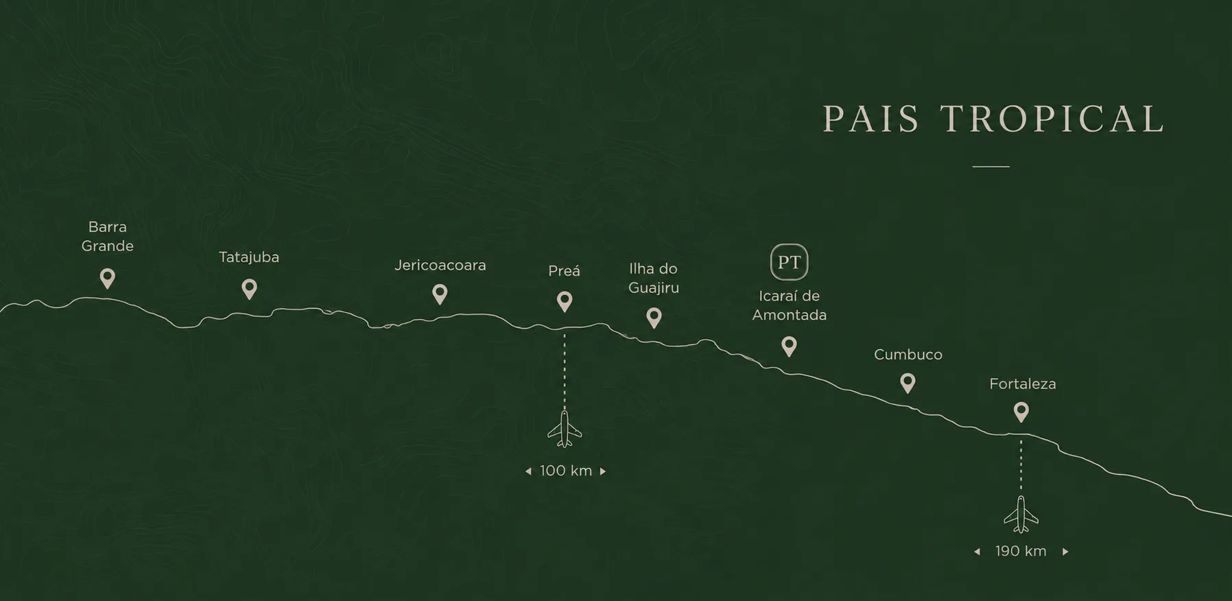 Mapa da região: Pousada País Tropical em Icaraí de Amontada, litoral oeste do Ceará — a 100 km de Jericoacoara e 190 km de Fortaleza, entre Barra Grande, Tatajuba, Preá, Ilha do Guajiru e Cumbuco.